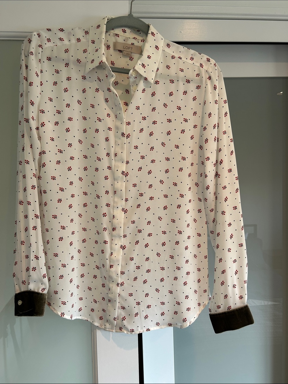 LOFT White Button-Down Shirt with Red Floral Print and Dark Green Velvet Cuffs
